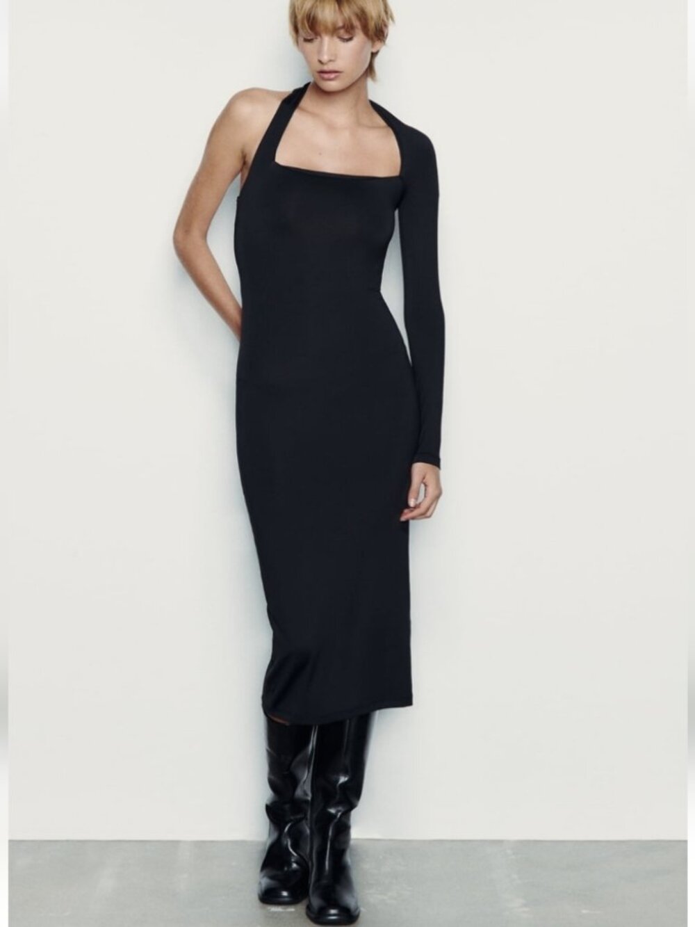 Zara Asymmetrical Black Midi Dress with One-Shoulder